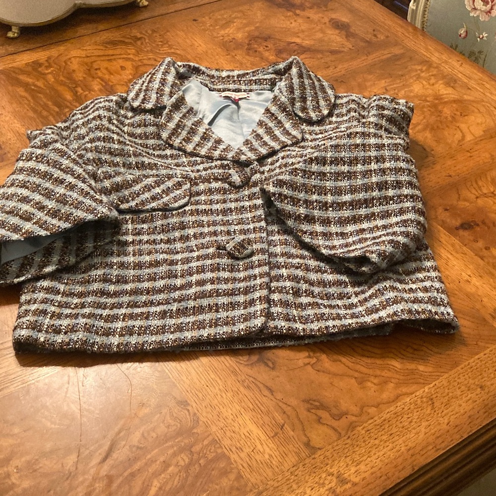 Frances Valentine Blue and Brown Tweed Blazer. Medium